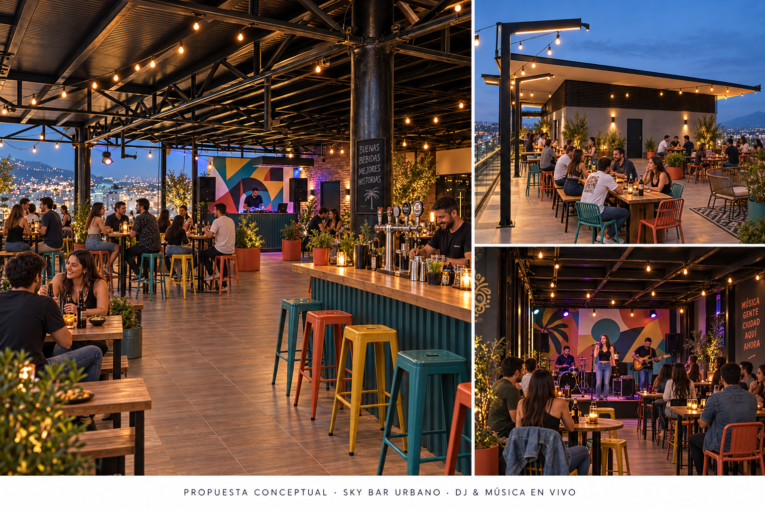 Sky bar urbano con DJ y música en vivo · Propuesta conceptual